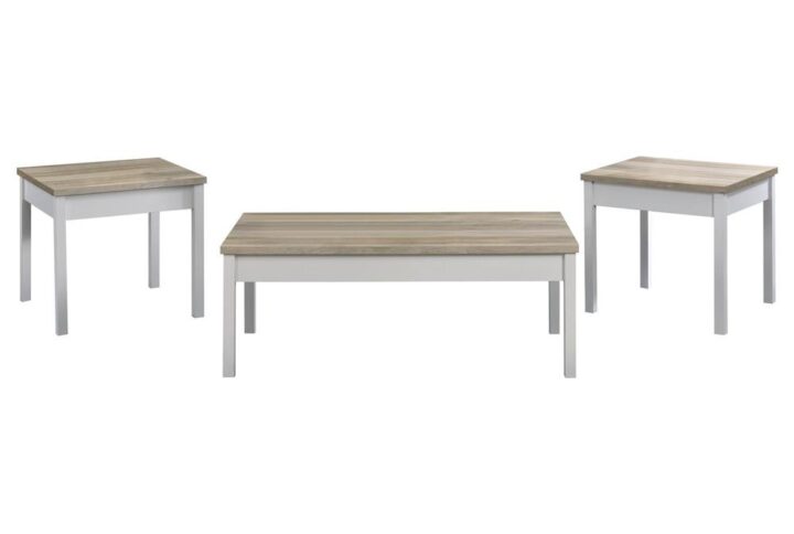 An updated version of farmhouse style is soft and easy on the eyes as this three-piece wood coffee table set is a viable option for your family room or living room. Casual and yet nicely designed