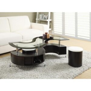 Revel in the contemporary charm of the sinuous curves from this coffee table and stool set. The serpentine silhouette of the occasional table features a glass table top with black edge trim. A sleek cappuccino and chrome finish adorn the base