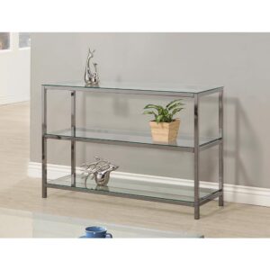 Simple elegance defines the aesthetic of this glass and metal sofa table. Stacked shelving creates a visually pleasing appeal and ample space to arrange and display books