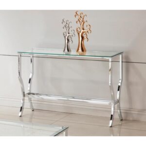 Extend a glamorous motif throughout an entryway with the charming radiance from this chrome sofa table. Elongated in silhouette
