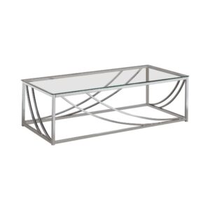 this modern coffee table oozes elegance. Add luxury with the sleek silhouette and chrome finish. Elevated with thin swoop accents