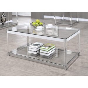 Complete a stylish contemporary space with this glamorous coffee table. Create an elongated look with the sleek and rounded acrylic legs. The top and built-in storage shelf offer ample room for display