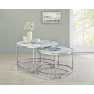 Soften a seating area with this round two-piece nesting table set. Designed with a carrara marble-printed tempered glass tabletop