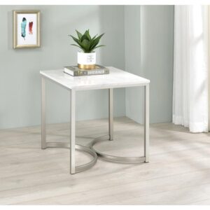 Eyes instantly gravitate to the curved base of this contemporary end table. Two U-shaped legs combine to make a stunning visual impact and support for the tabletop. The square tabletop is made from faux marble with a stunning white and grey color palette. When coupled with the silver base