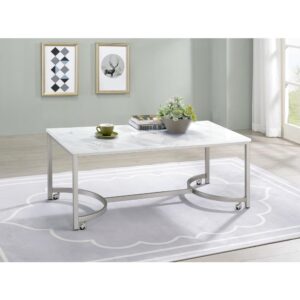 A mobile coffee table is easy to place wherever you please in a contemporary style living space. The U-shape legs form a gorgeous metal frame in a sleek silver finish. This coffee table's stunning faux marble tabletop provides a light and airy appeal with its color palette. With the perfect blend of materials