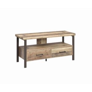 it's perfectly sized for up to 48" TVs. The console also includes a roomy shelf under the TV top to display small decorative vases or candles. Below that are two roomy drawers to store an extra blanket or two. Console has black finished legs and a wood grain finish that's charismatic and timeless.