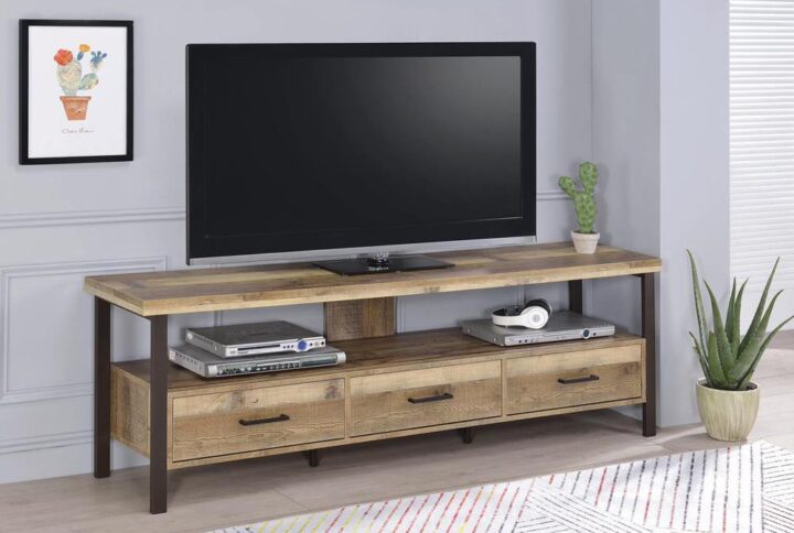 This impressive wood TV console is the perfect place for your TV to watch the big game or latest streaming movie release. At just under six feet wide