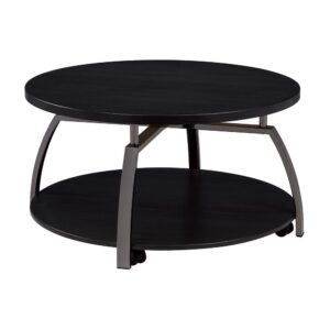 the metal construction is nothing less than admirable. This round coffee table offers a large bottom shelf for decor or for storing small items. Use this coffee table for an instant focal point in your space.