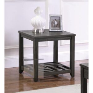 This solid-constructed end table has a simple design that's perfectly suited for any living room decor. Square table top offers space for a table lamp and a decorative vase. Four straight legs with clean lines taper at the bottom. Bottom shelf features a checkerboard design with a perpendicular twist design. Finished in grey with wood grain accents.
