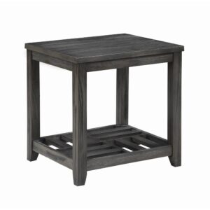 This solid-constructed end table has a simple design that's perfectly suited for any living room decor. Square table top offers space for a table lamp and a decorative vase. Four straight legs with clean lines taper at the bottom. Bottom shelf features a checkerboard design with a perpendicular twist design. Finished in grey with wood grain accents.