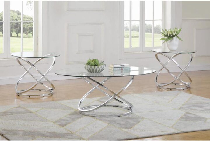 This is the look of future style. We offer a three-piece coffee and end table set that radiates modern cool. The silver chrome support grabs attention with its atom-inspired curved shape