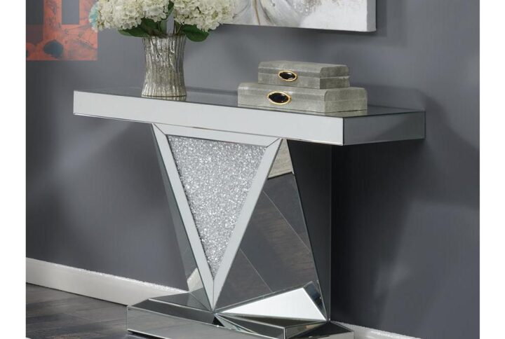 Put your posh sense of style on full display. The contemporary frame of this sleek sofa table is accentuated by a gorgeous