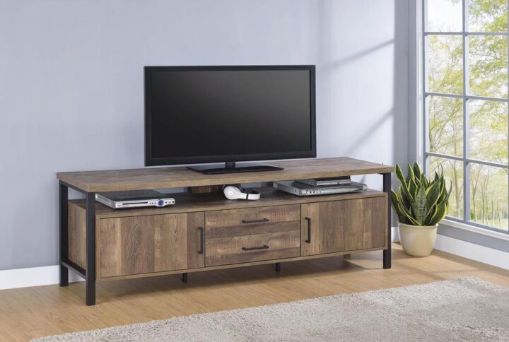 This is a TV console which suits your style and practical needs to a T. The rustic oak finish adds a warm