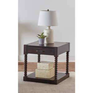 This transitional end table is the perfect addition to a modern farmhouse living room. With a coffee bean brown finish throughout