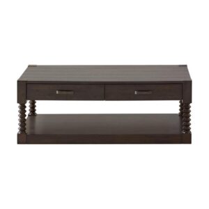 this transitional coffee table lends a rustic flair to your home with its dark-tone coffee bean finish. With a spacious plank style tabletop and spindle style leg supports