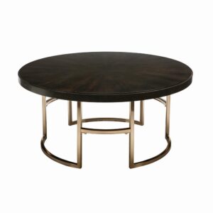 This warm and inviting coffee table features a two-tone look that's well suited to any decor. The round table top adds a cozy intimacy to any room. A dark brown finish imparts an element of warmth. The electroplated rose gold frame gives the table a modern luster. This well-designed coffee table is ideal in any transitional living room or den.