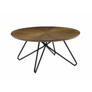 dark wood finish. Black finish adorns the metal table legs for an almost industrial look. Hairpin table legs make this piece decidedly mid-century modern. Pair with the end and sofa tables from the same collection.