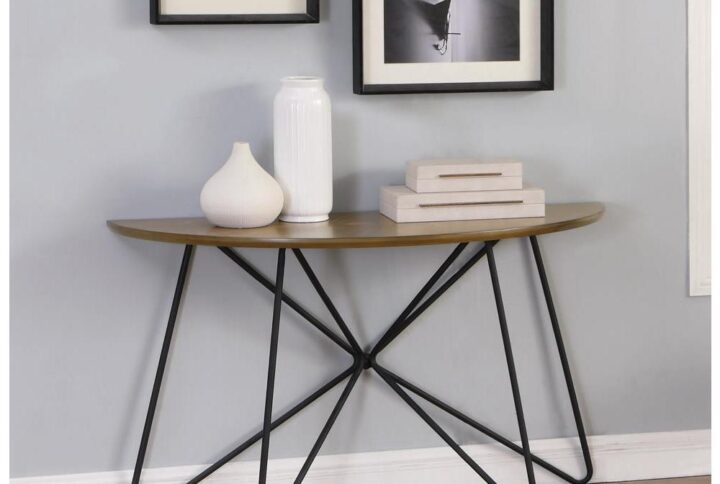 Where will you place this sofa table from the Churchill collection? Demilune shape allows for perfect placement along a wall