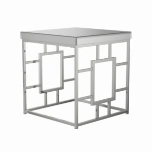Accent your space with this modern end table. Showcase your flair for architecture with the geometric frame design. Brighten up any contemporary space with the mirrored tabletop. The metal frame is electroplated in a shiny chrome finish for the ultimate in sophistication. Piece pairs well with coffee table from same collection.