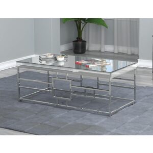 Enjoy coffee in your contemporary space with this coffee table. Pay homage to modern design with this classy mirrored tabletop. Gaze upon the architecturally-inspired geometric design. Metal frame in a chrome finish combines strength and beauty. Casters allow you to move this coffee table at-will to set up your desired look.
