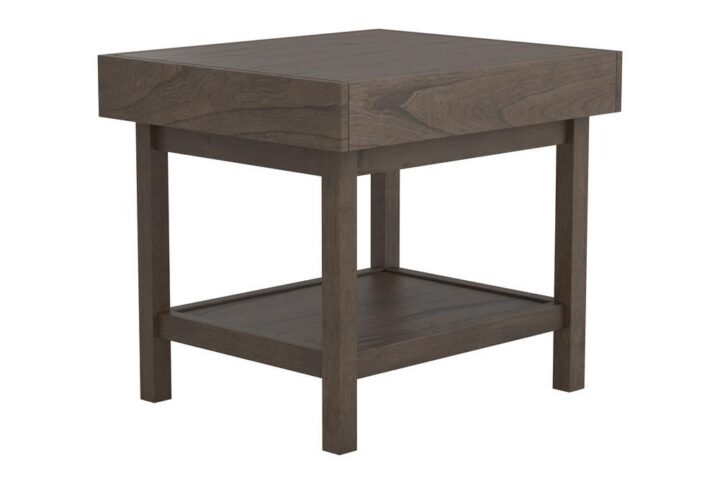 Make your decor pop with an eye-catching update that works well in most any space.This modern end table offers a perfect blend of convenience and elegance.Its bold silhouette is treated to a wheat brown finish with a wire brushed veneer for a hint of classic style.The hidden felt-lined drawer provides a secure stash spot for valuable items.The open storage shelf underneath is ideal for storing books