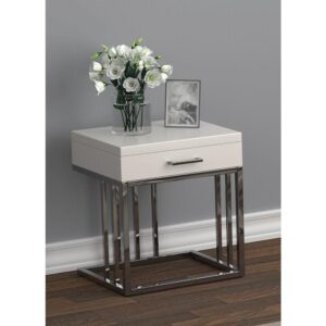 Display your flair for the contemporary with this end table. Glossy white tabletop and chrome finish create a blend of functionality and elegance. Modern linear design adds sharp detail to your space. Easy to open drawer allows for storage and organization. Can match with coffee table and sofa table from the same collection.