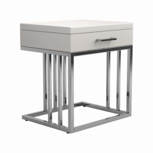 Display your flair for the contemporary with this end table. Glossy white tabletop and chrome finish create a blend of functionality and elegance. Modern linear design adds sharp detail to your space. Easy to open drawer allows for storage and organization. Can match with coffee table and sofa table from the same collection.