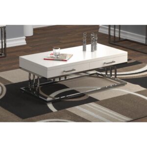 Serve or entertain your guests on this modern coffee table. The clean lines declare the contemporary nature of the piece. Glossy white tabletop serves to amplify style and also match your chosen décor. The table also includes smooth and closing drawers on full extension glides. Match with the end table and sofa table from the same collection.