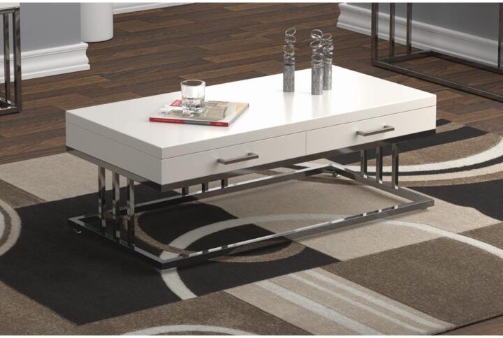 Serve or entertain your guests on this modern coffee table. The clean lines declare the contemporary nature of the piece. Glossy white tabletop serves to amplify style and also match your chosen décor. The table also includes smooth and closing drawers on full extension glides. Match with the end table and sofa table from the same collection.