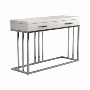 the glossy white tabletop and metal base combines to present your style in a classy manner. Drawers float open and shut on full extension glides. Harmonizes well with matching coffee table and end table.