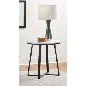 Choose this spectacular end table for its contemporary flair and eye-catching color palette. A matte black metal base is dramatically angled as two U-shape legs intersect. The round tabletop is crafted from a stunning faux marble. With a matte black and white color palette