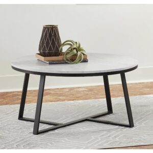 A two-tone coffee table is a terrific contemporary upgrade in your living area. The round tabletop is constructed from faux marble with hues of white and grey. Creating a stunning two-tone appearance with this matte black metal base
