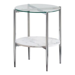 this round end table offers incredible construction for a chic addition in your living space. The round tabletop is enhanced with glass to perfectly place a small table lamp or house plant. The center shelf is elegantly crafted from faux marble in hues of white and grey. Place your favorite decor piece on the top or bottom shelf and watch this glass end table enhance your space. Consider pairing this piece with a matching coffee table to complete the look.
