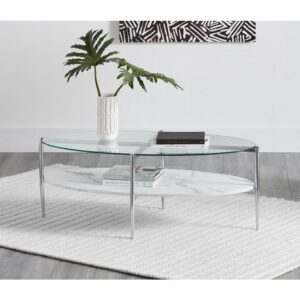 Greet every guest with a gorgeous glass coffee table. The sleek metal base is finished in chrome