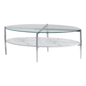 giving this piece a wonderful contemporary style. Find a center shelf made from faux marble in hues of white and grey