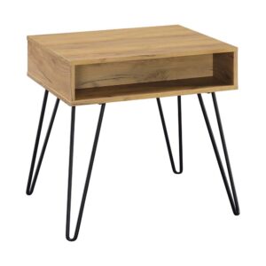 this mid-century modern end table doesn't disappoint. Rustic elements are found with its oak finish combined with the black hair pin legs. Made with a metal base and durable MDF construction tabletop