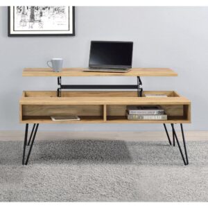 Make working at home more enjoyable with a storage coffee table. Finished in oak with eye-catching hair pin style legs