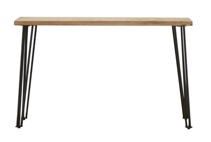 This acacia wood sofa table is the perfect addition to a natural