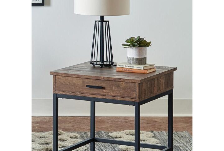 Overhaul your living room with a rustic and modern end table. The straight legs on the black metal base perfectly complements the brown finish. Enhanced with wood grain patterns