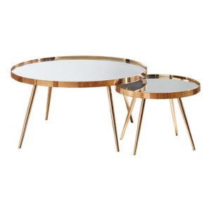 each bold nesting table features slim tapered legs that flare outward. With a stacked design