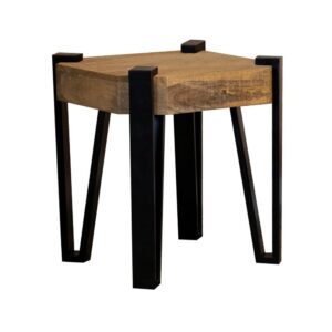 This boho-chic end table offers a striking design. A solid wood mango tabletop offers a striking woodgrain and a natural layering of colors. On each corner