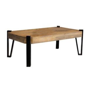 A solid wood mango tabletop offers a striking woodgrain and a natural layering of colors to this coffee table piece. On each corner