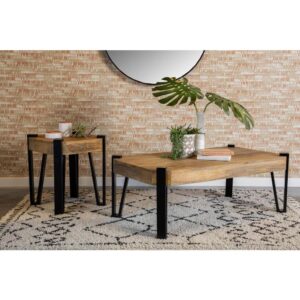modern legs are attached and raised above the surface. This boho-chic coffee table also offers a striking mixed material design and each of the four legs offers a rustic hairpin-inspired shape and a contrasting matte black finish. In addition
