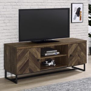 This rustic TV console offers a modern touch to a farmhouse style living room. A rustic oak finish showcases the classic herringbone pattern across the double cabinet doors. Supported on a metal trestle base in a gunmetal finish that offers an industrial flair