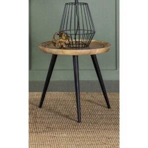 This contemporary end table offers up bohemian vibes and a mid-century flair to a seating area. A tripod base design features slim