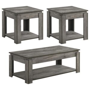 this weathered gray finish collection offers a casual look and bold lines with its chunky block legs and tabletop. An open bottom shelf invites you to store a basket for throws and games