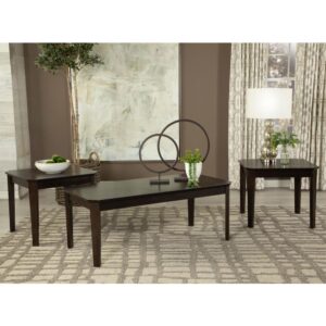 Casual style and simple lines enhance this three-piece occasional table set. Complete with a coffee table and two end tables