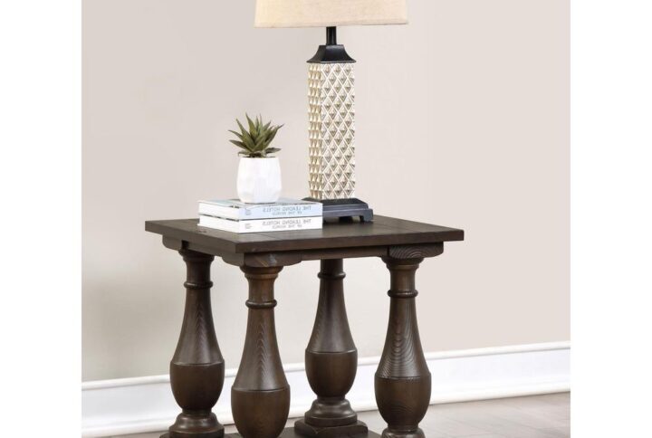 Classical silhouettes refine this transitional end table. Designed from a tropical wood material
