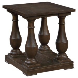 this elegant end table offers a squared tabletop design lifted by four column-like turned pedestal legs for a timeless flair. With a plank design across the tabletop and the open bottom shelf