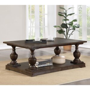 this coffee table presents a spacious rectangular designed with an open bottom shelf for displaying decor